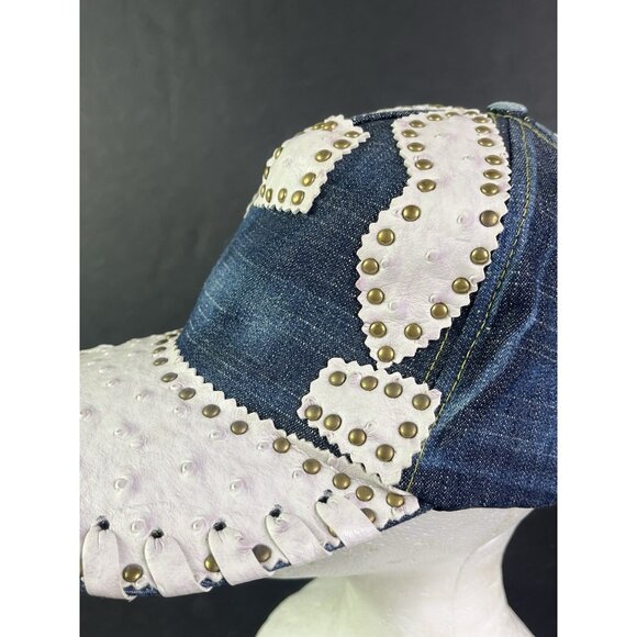 NEW Denim & White Ball Cap Hat Imitation Ostrich Skin Studs Adjustable Strap - Picture 1 of 8